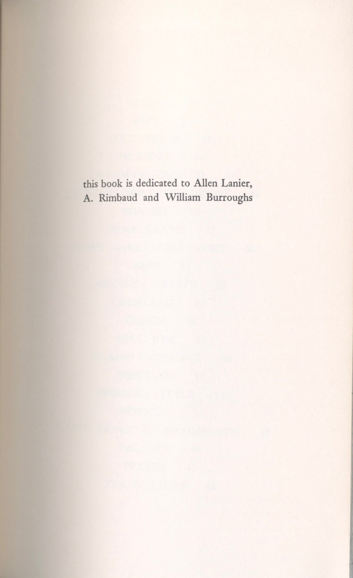 Dedication page of Witt to Allen Lanier, Arthur Rimbaud and William Burroughs.