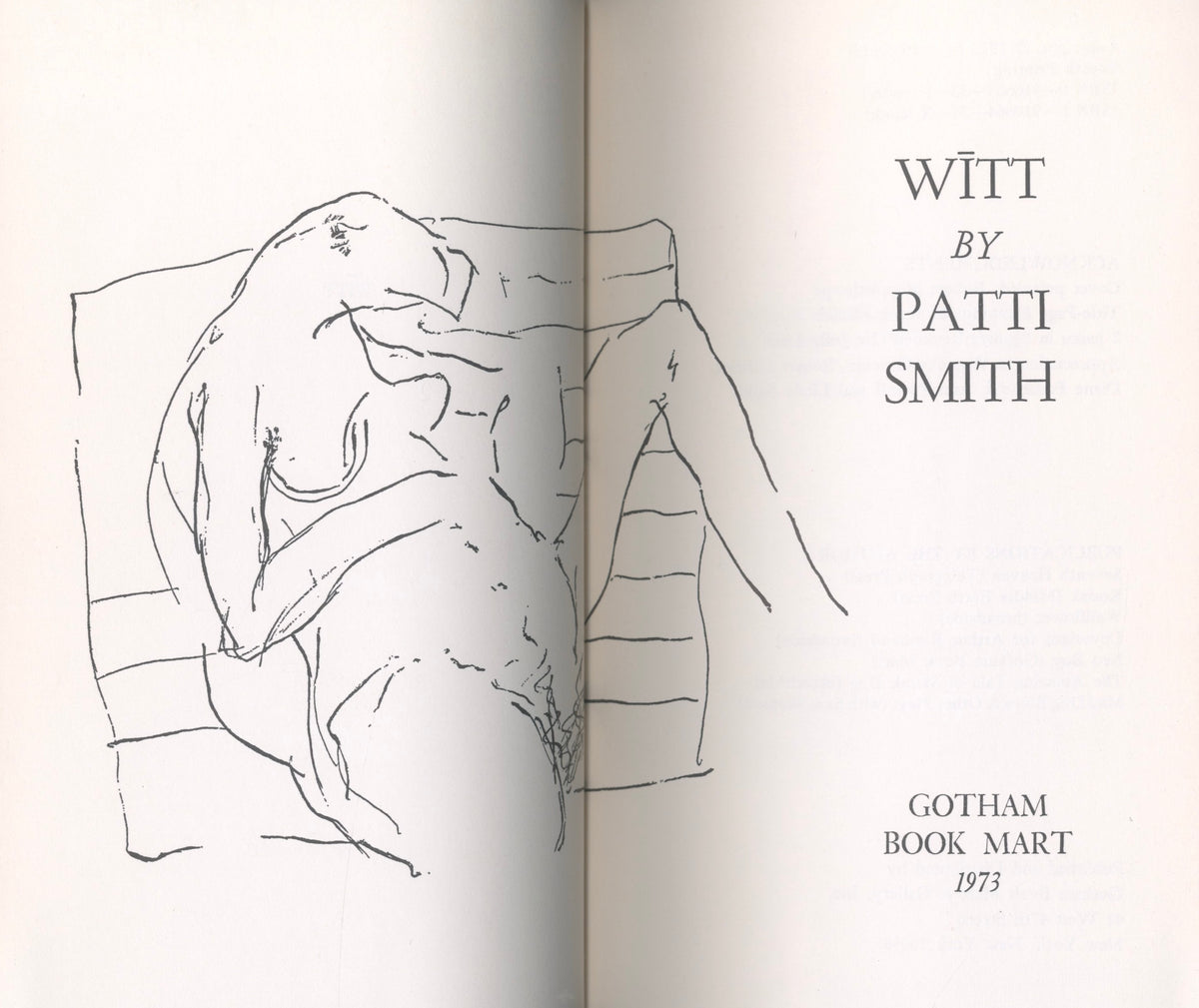 Title page spread of Witt with Howard Michels' line drawing facing the imprint Gotham Book Mart 1973.