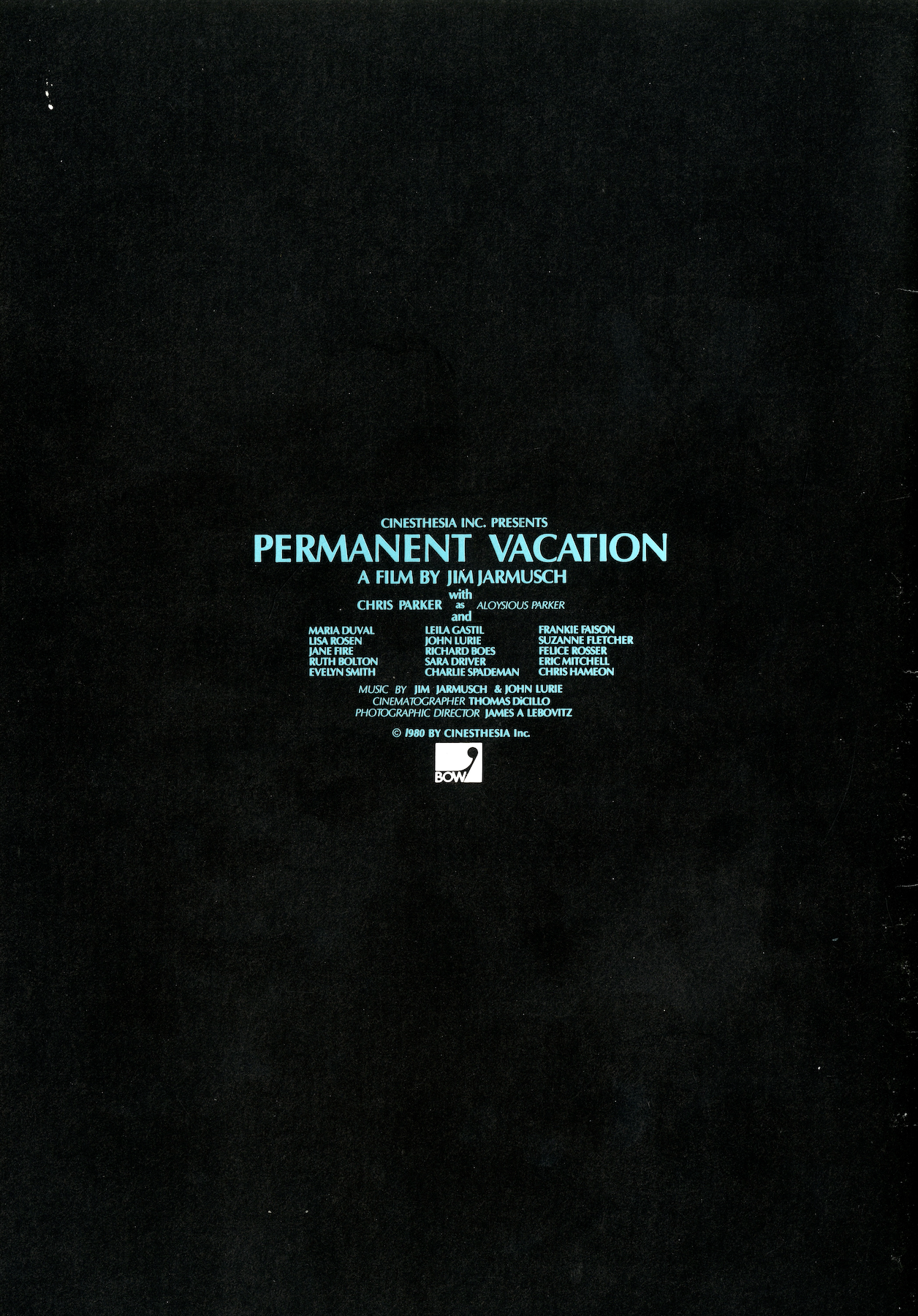 Back Cover of the original Japanese movie booklet for Jim Jarmusch’s Permanent Vacation (1980).