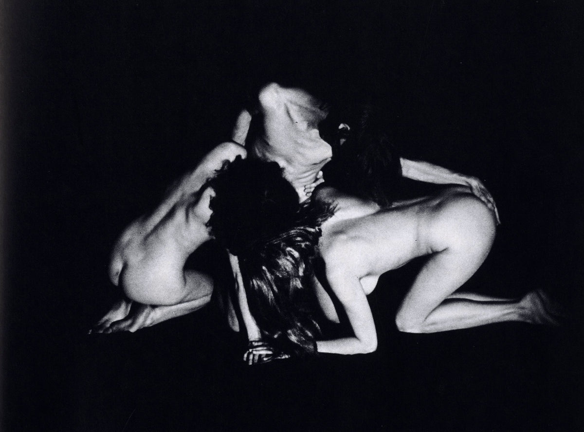 Two intertwined kneeling nude figures on a black ground, horizontal plate by Pierre Jousson, 1970.
