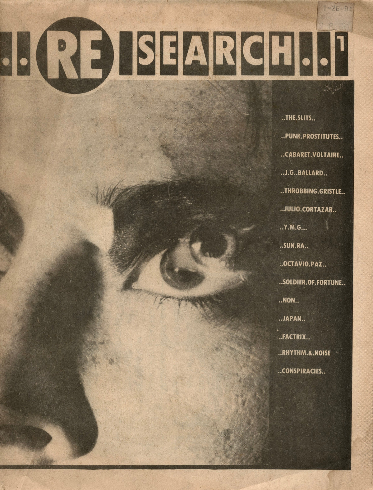 RE/Search No. 1 tabloid front page, close-up photograph of an eye with the contents listed down the side, 1988 reprint of the 1980 issue.