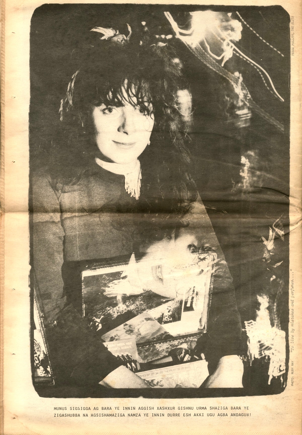 Page from RE/Search No. 1: high-contrast portrait of a dark-haired woman on newsprint.