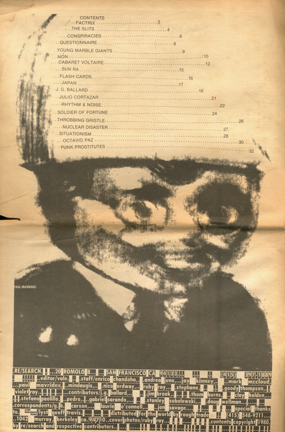 Page from RE/Search No. 1 with a distorted photographic face beneath a column of text.