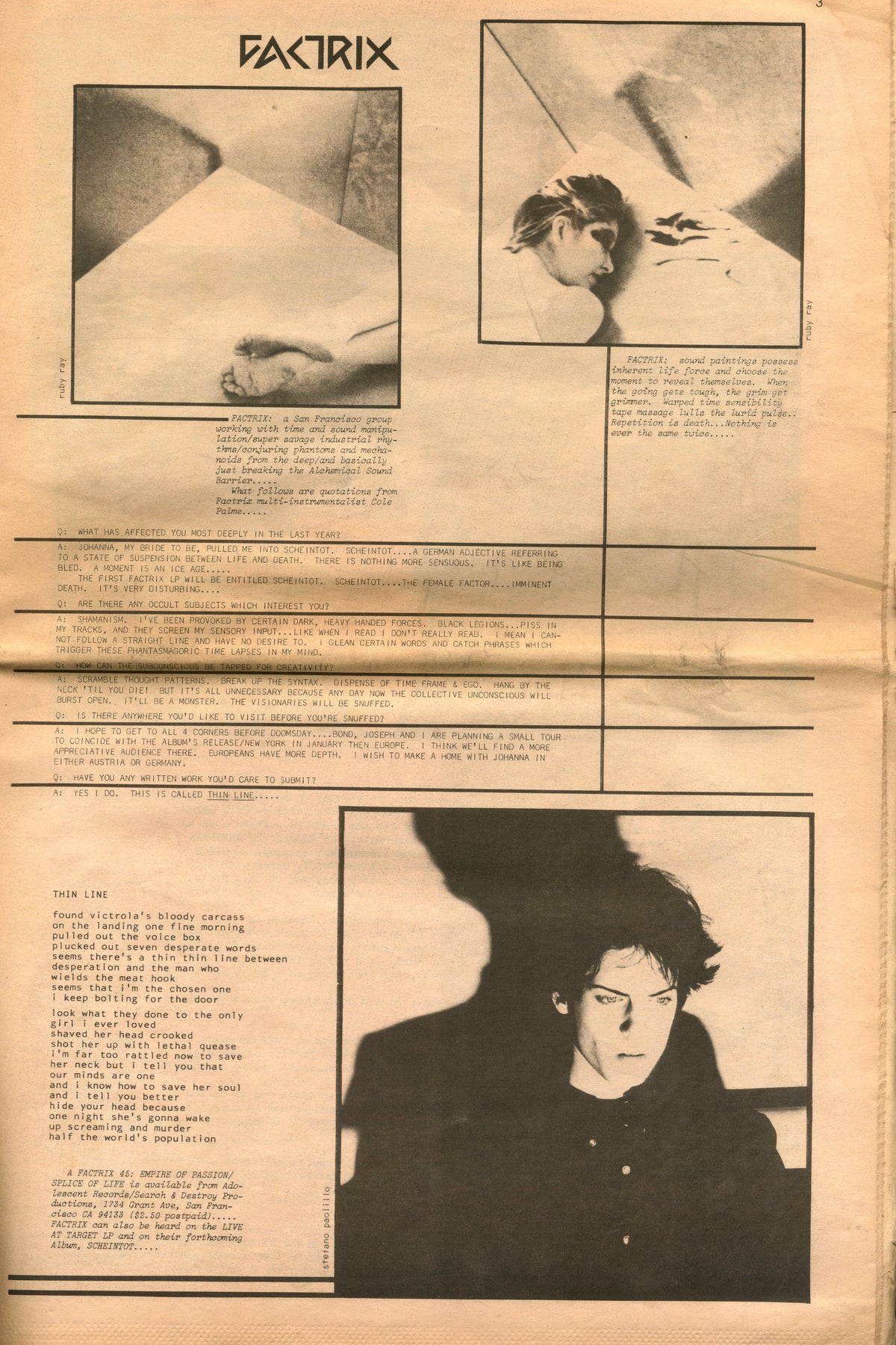 Dense newsprint text page from RE/Search No. 1 with black-and-white photographs.