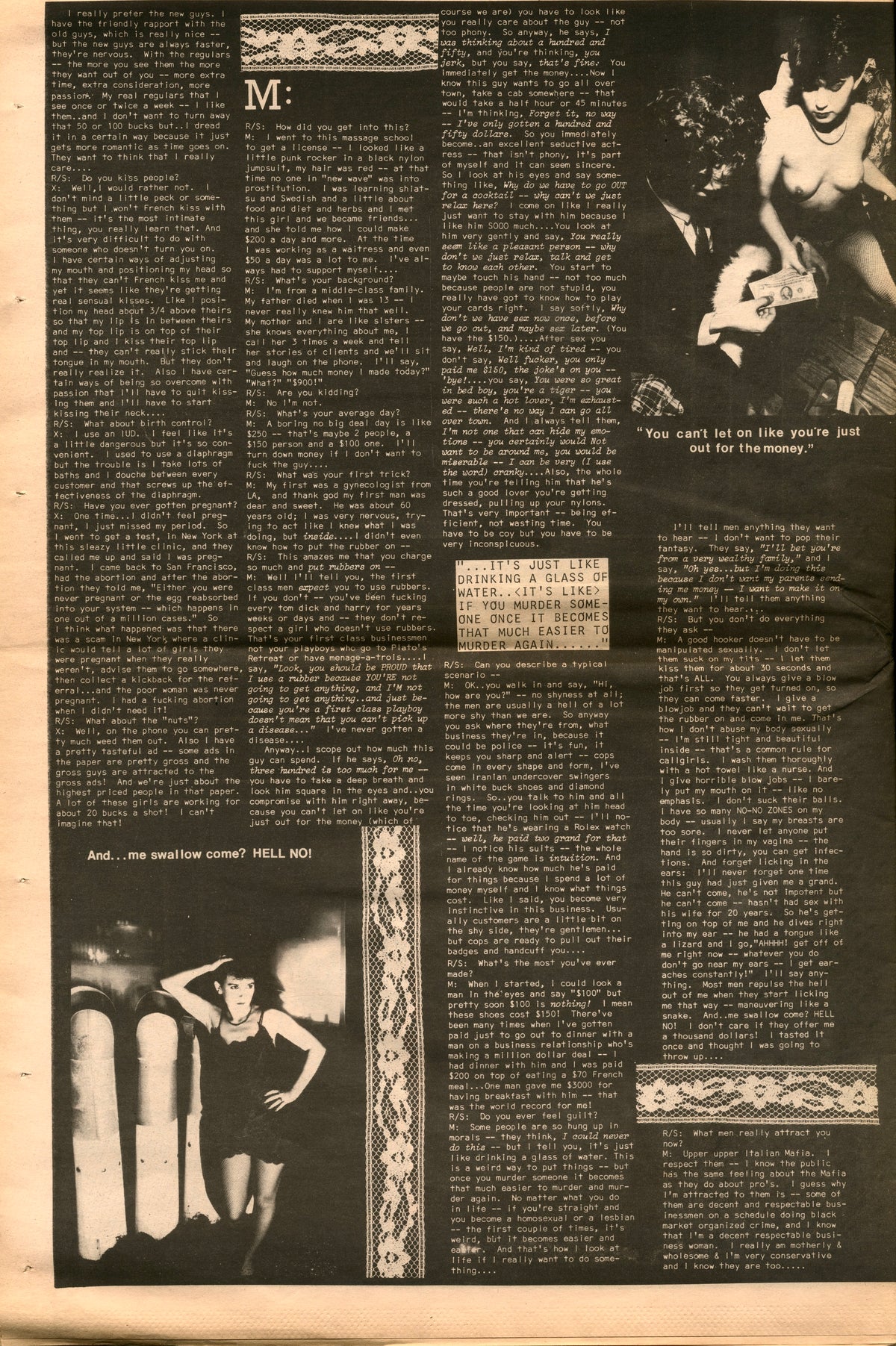 Interview page from RE/Search No. 1 set in columns with dark photographs, V. Vale tabloid.