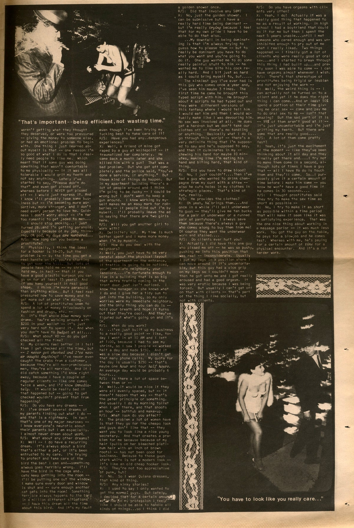 Interview page from RE/Search No. 1 set in columns with dark photographs, V. Vale tabloid.