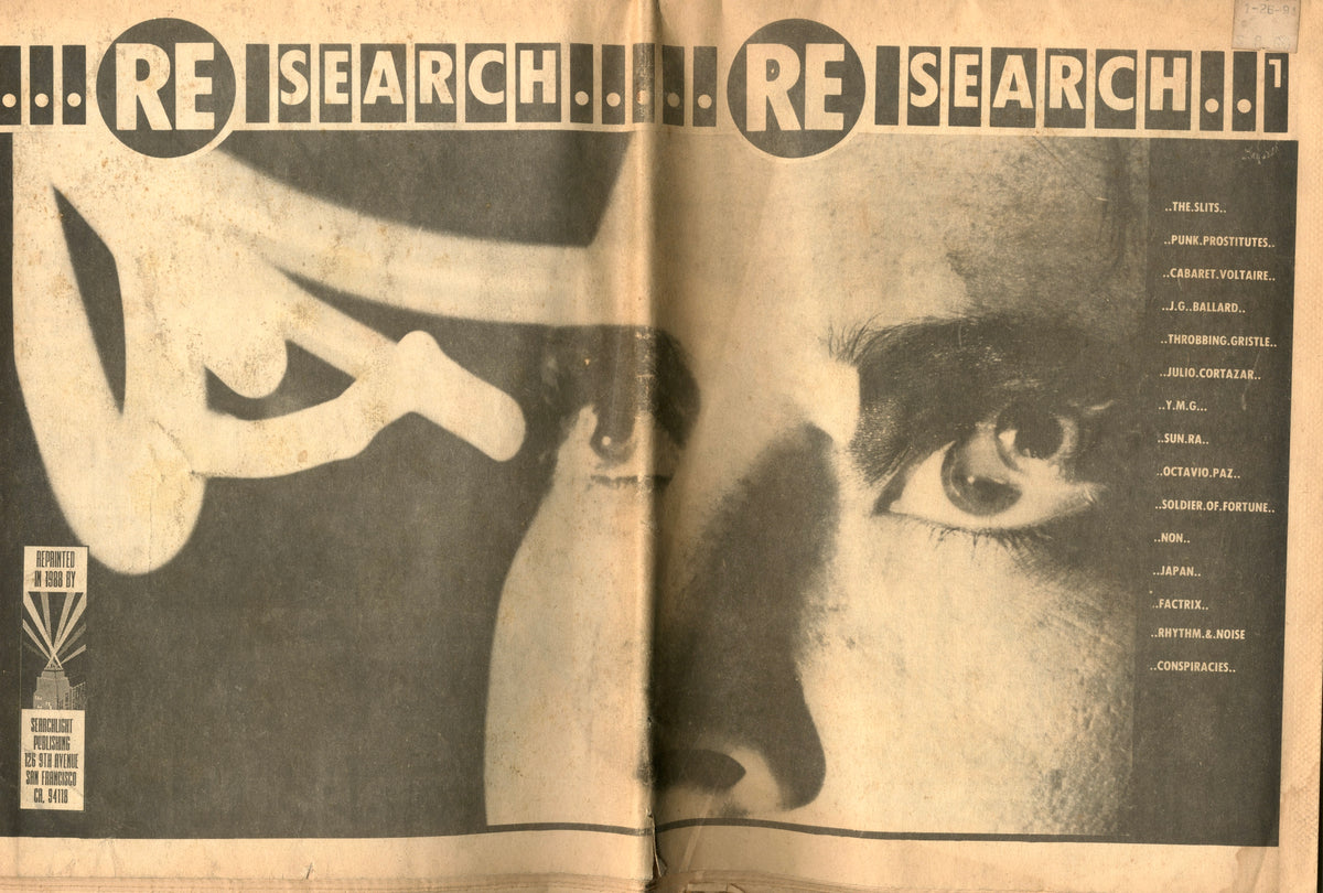 RE/Search No. 1 tabloid fully opened, showing front and back pages side by side.