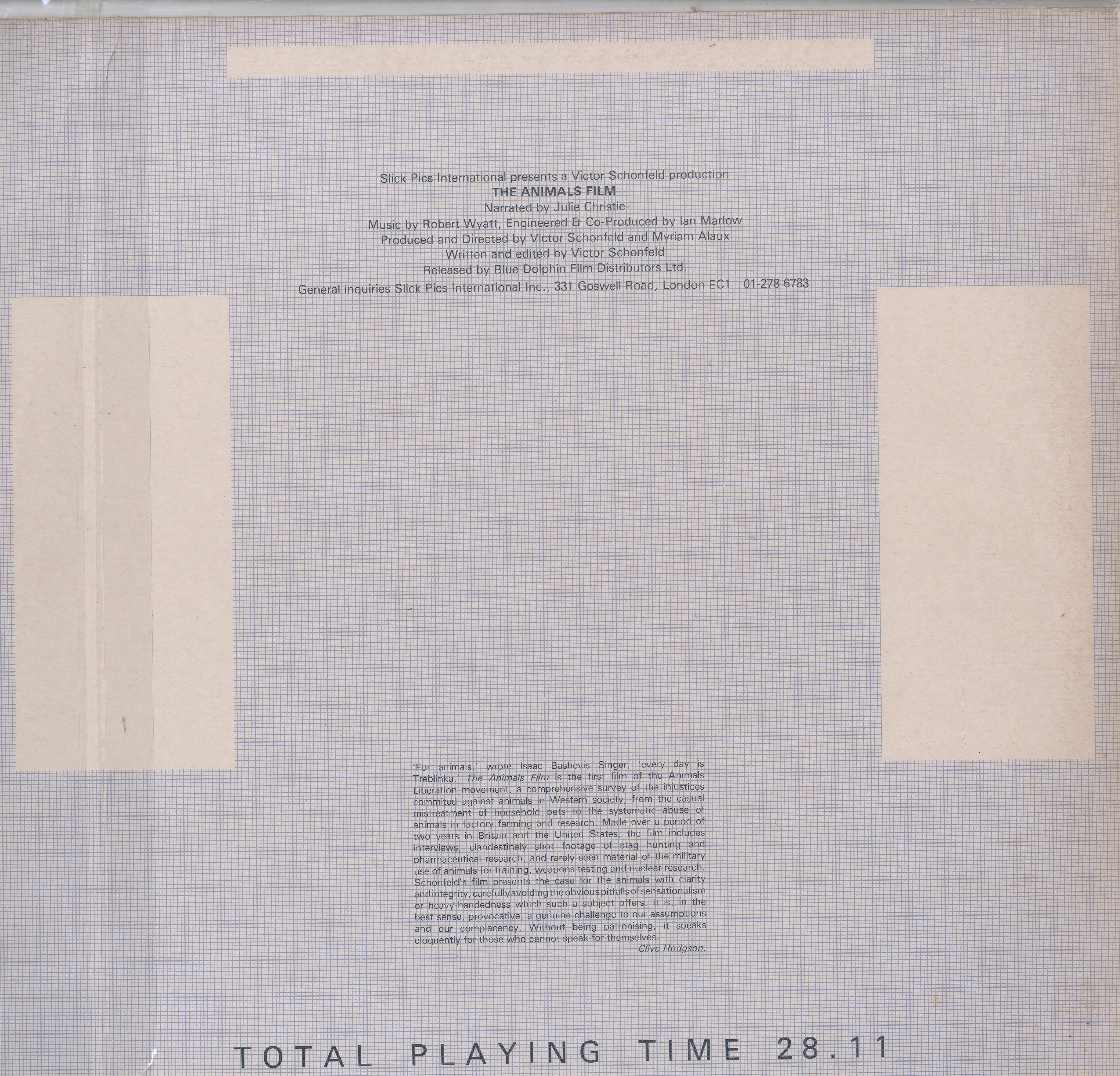 Back cover of Robert Wyatt – The Animals Film vinyl LP, 1982 Italian edition.