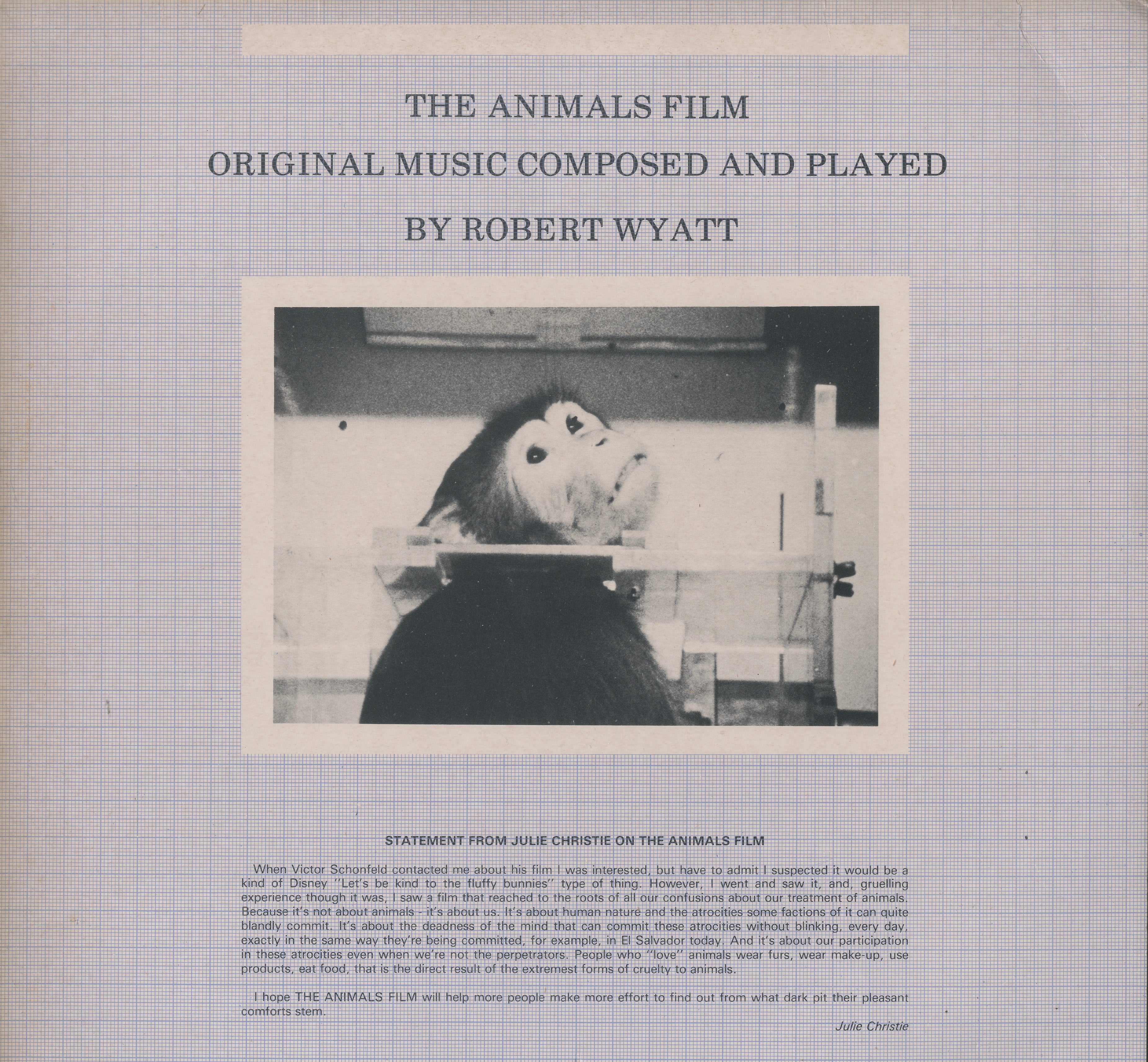 Front cover of Robert Wyatt – The Animals Film vinyl LP, 1982 Italian edition.