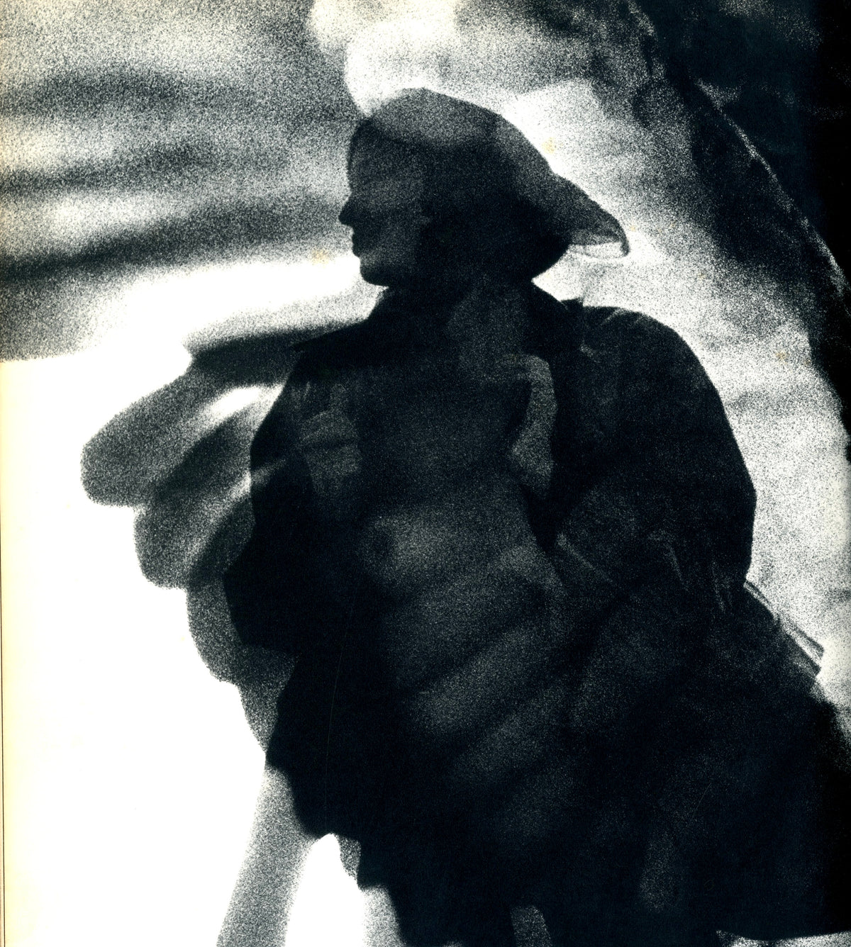 High-contrast blurred silhouette of a figure and a bird’s wing in motion, black-and-white plate from November Girl.