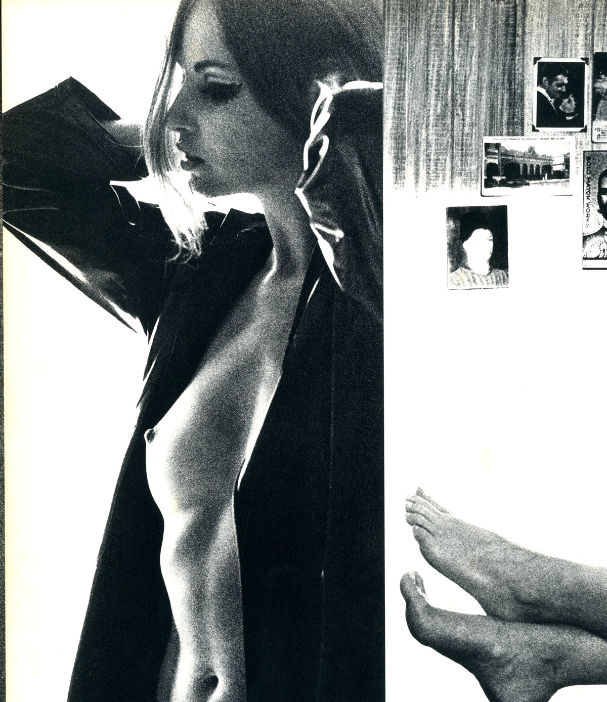 Woman reclining on a bed below a wall covered in pinned photographs, double-page plate from November Girl.