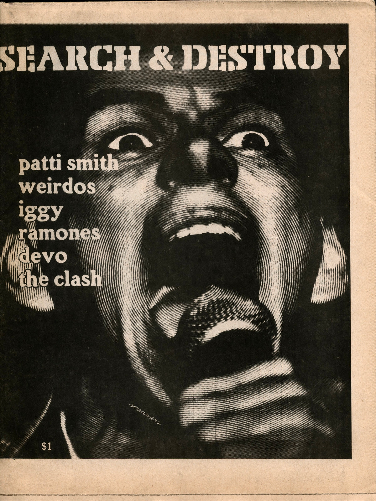 Search & Destroy No. 2 (1977) punk tabloid cover, screaming face at a microphone, headlines Patti Smith, Weirdos, Iggy, Ramones, Devo, The Clash.