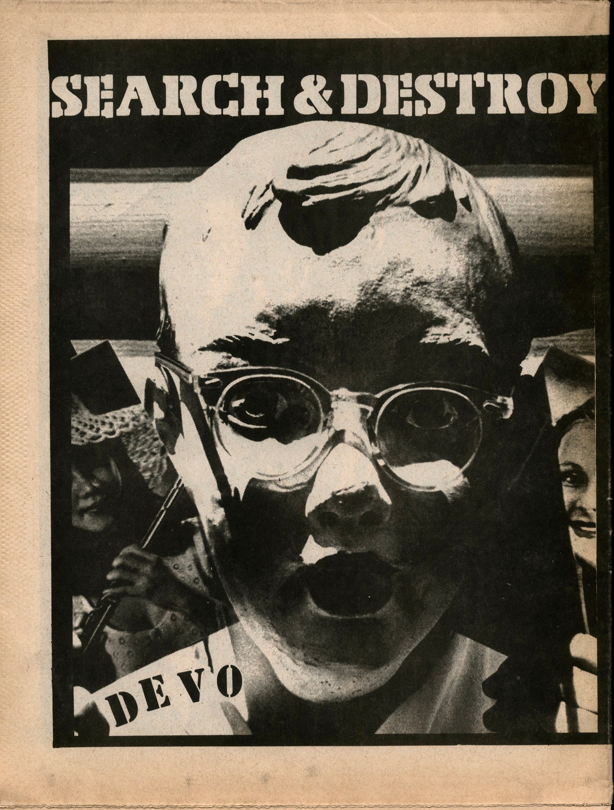 Devo page from Search & Destroy No. 2: masked baby-doll face with glasses under the Search & Destroy masthead.