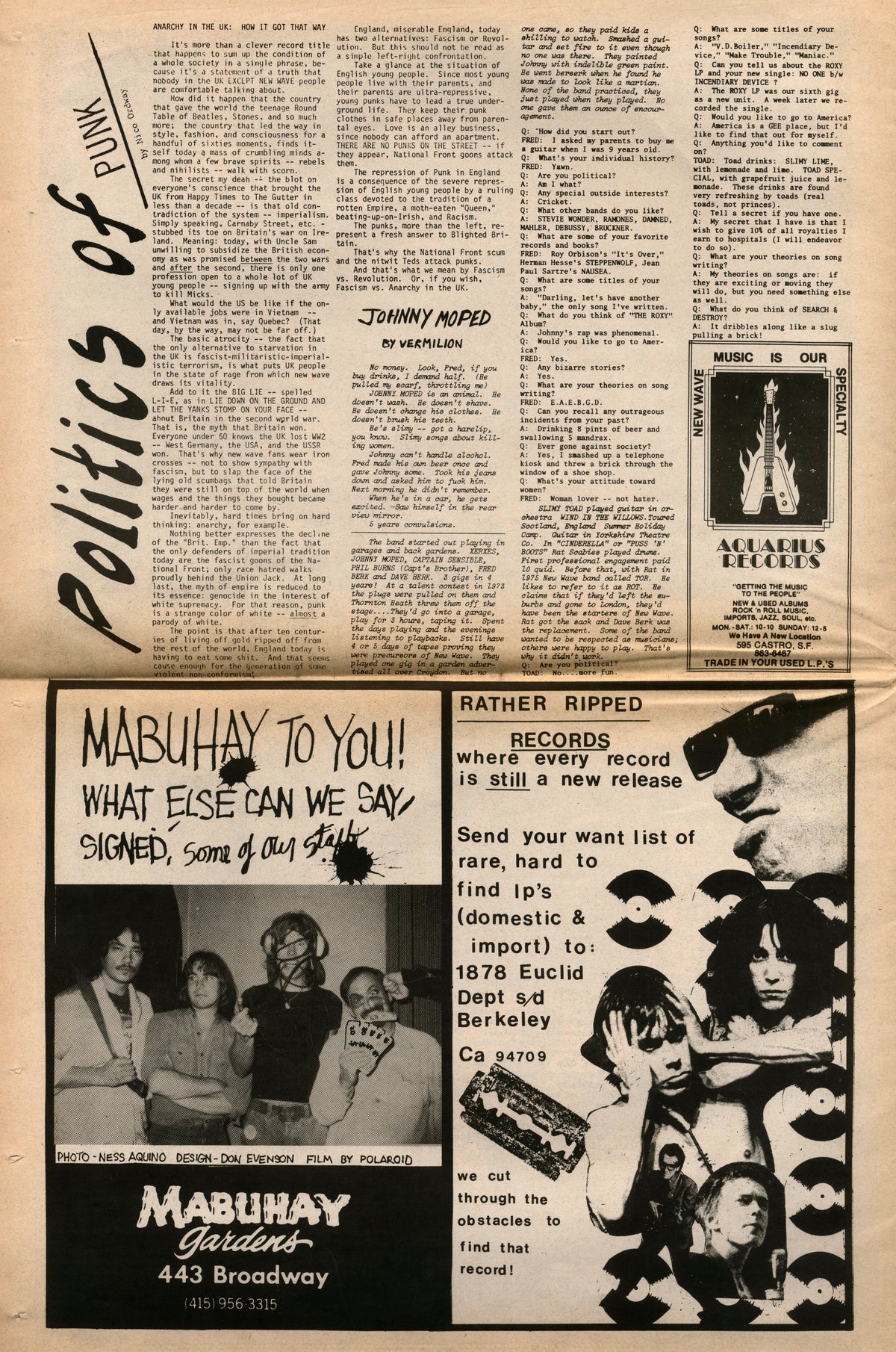 Page from Search & Destroy No. 2 with ads for the Mabuhay Gardens punk club and band photographs.