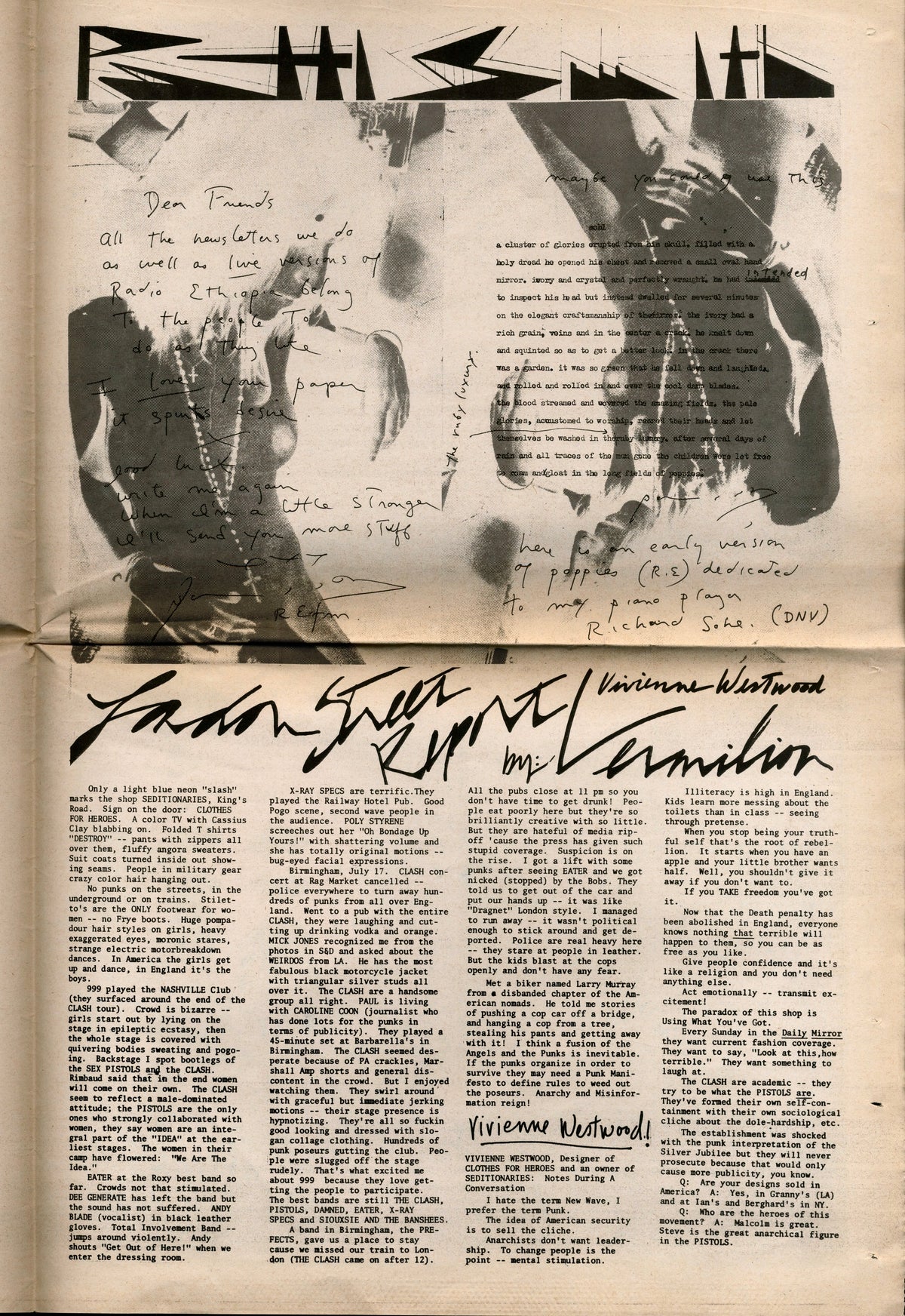 "Patti Smith Writes" and Vermilion's London Street Report on Vivienne Westwood, page 17 of Search & Destroy No. 2.
