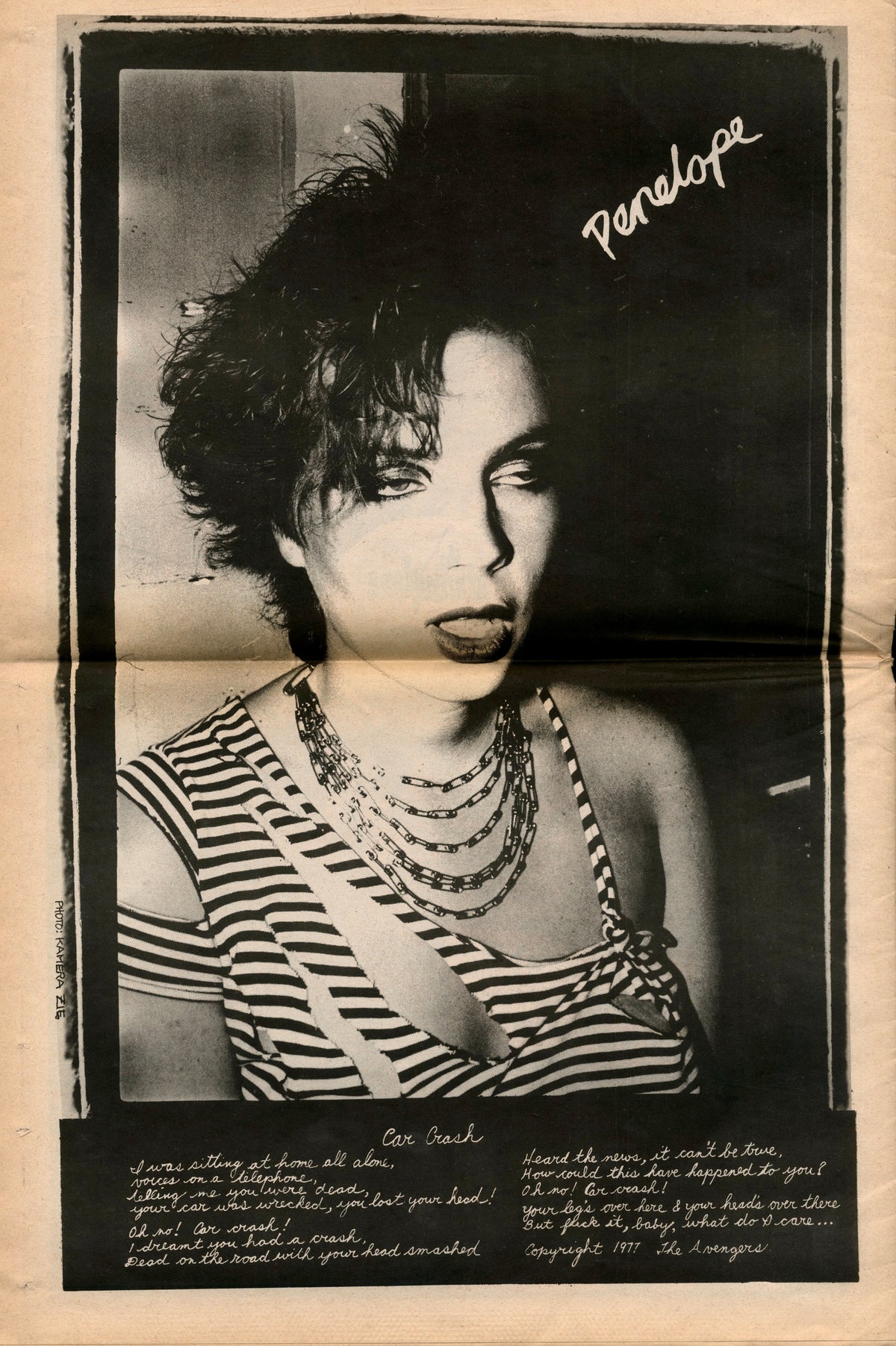 Penelope Houston of The Avengers in a striped top, "Penelope's Past" page from Search & Destroy No. 2, 1977.