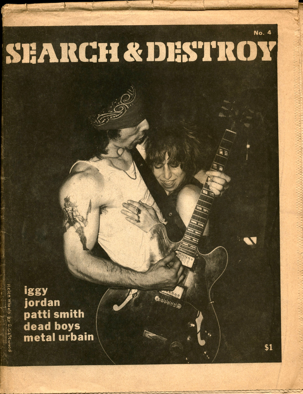 Search & Destroy No. 4 punk tabloid cover, tattooed guitarist in a bandana embraced on stage, headlines Iggy, Jordan, Patti Smith, Dead Boys, Metal Urbain.