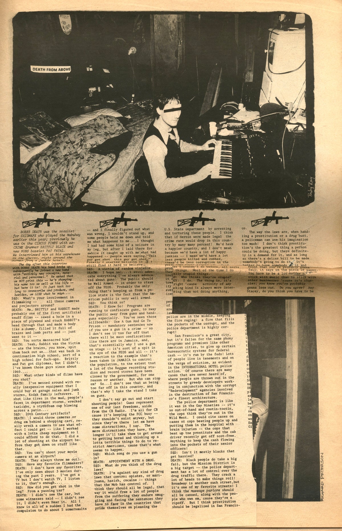 Interior page of Search & Destroy No. 4: musician at a keyboard above typed columns, San Francisco punk tabloid.