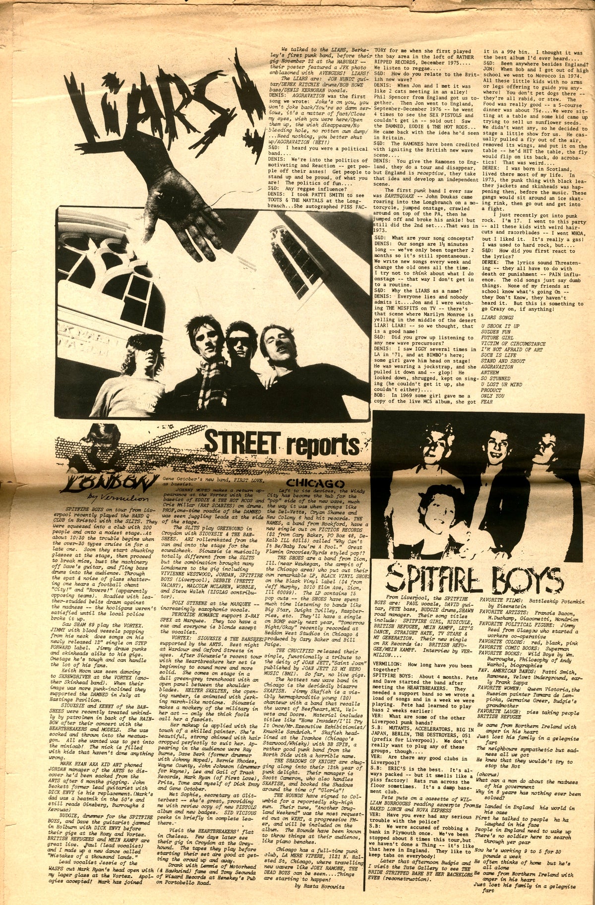 "Street Reports" spread from Search & Destroy No. 4 with band photographs and dense newsprint columns.