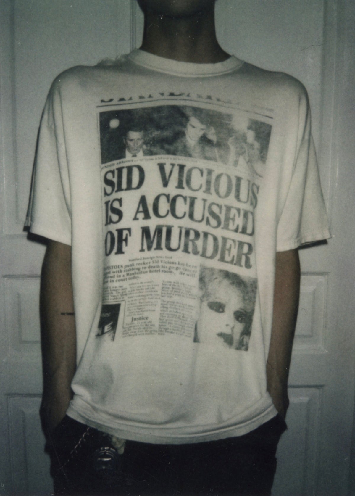 Sid Vicious newspaper print T-shirt worn, front view.
