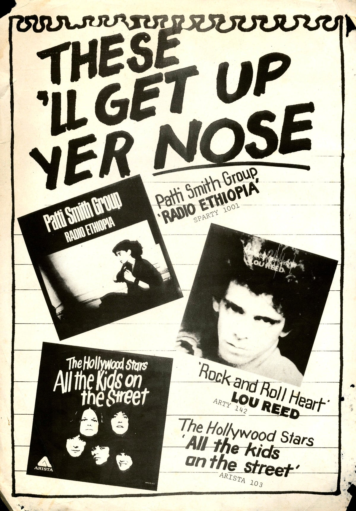 "These'll get up yer nose" advertisement in Sniffin' Glue 11 for the Patti Smith Group, Lou Reed and The Hollywood Stars.