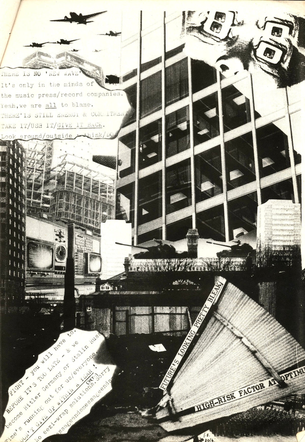 Black-and-white collage page from Sniffin' Glue No. 11: tower blocks and city buildings cut and layered.