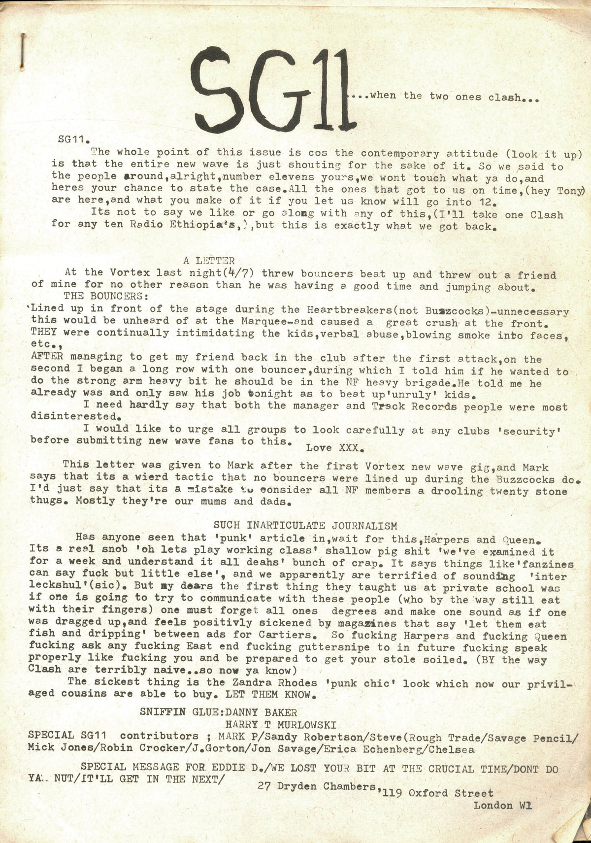 Typewritten SG11 editorial page from Sniffin' Glue No. 11 by Mark Perry, 1977.