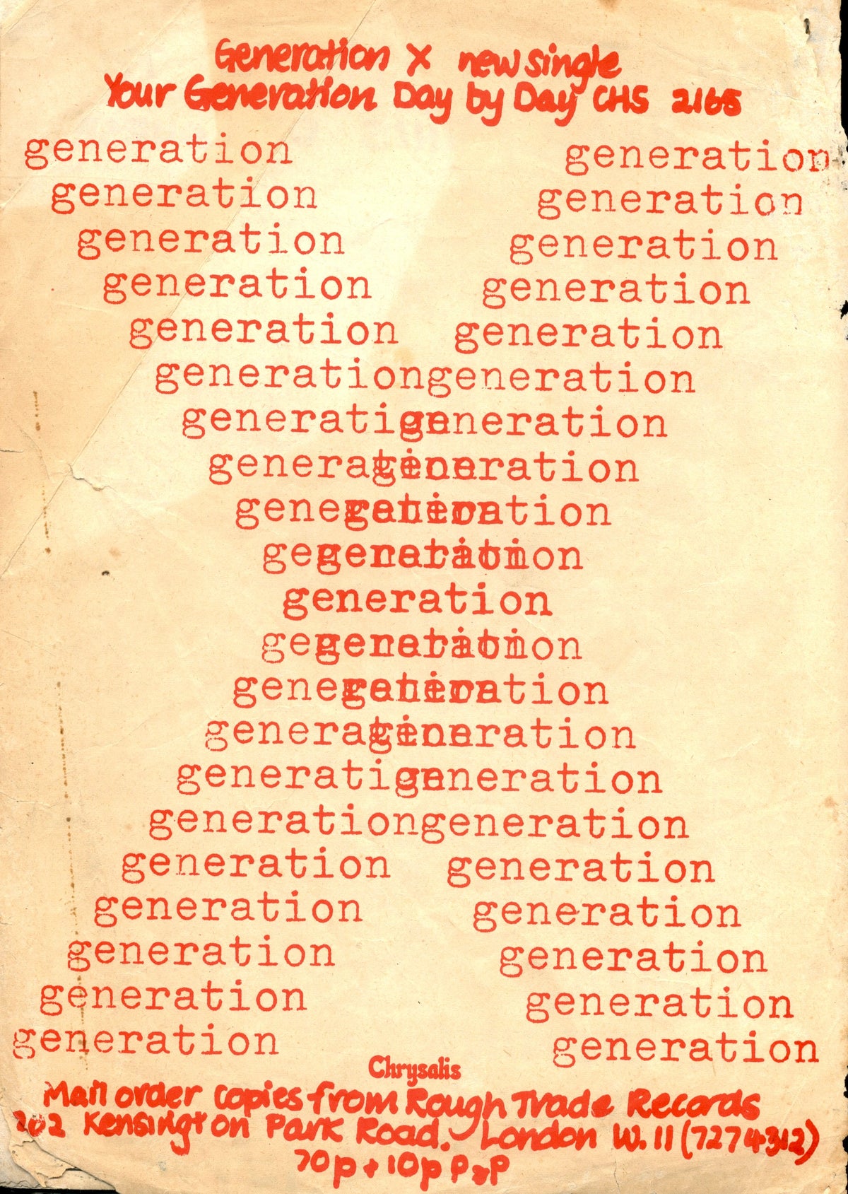 Red-printed page repeating the word "generation", a single advertisement in Sniffin' Glue No. 11.