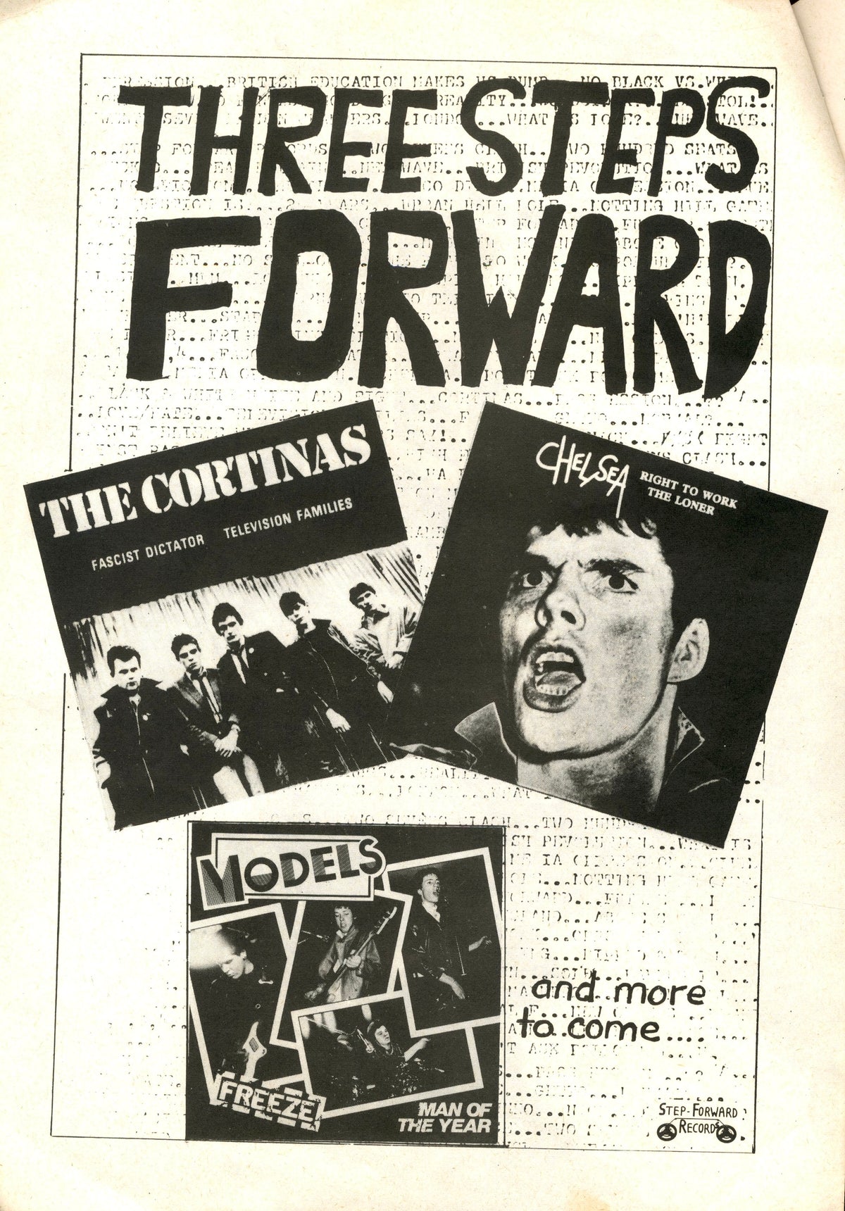 "Three Steps Forward" advertisement for The Cortinas, Chelsea and The Models in Sniffin' Glue 11, 1977.