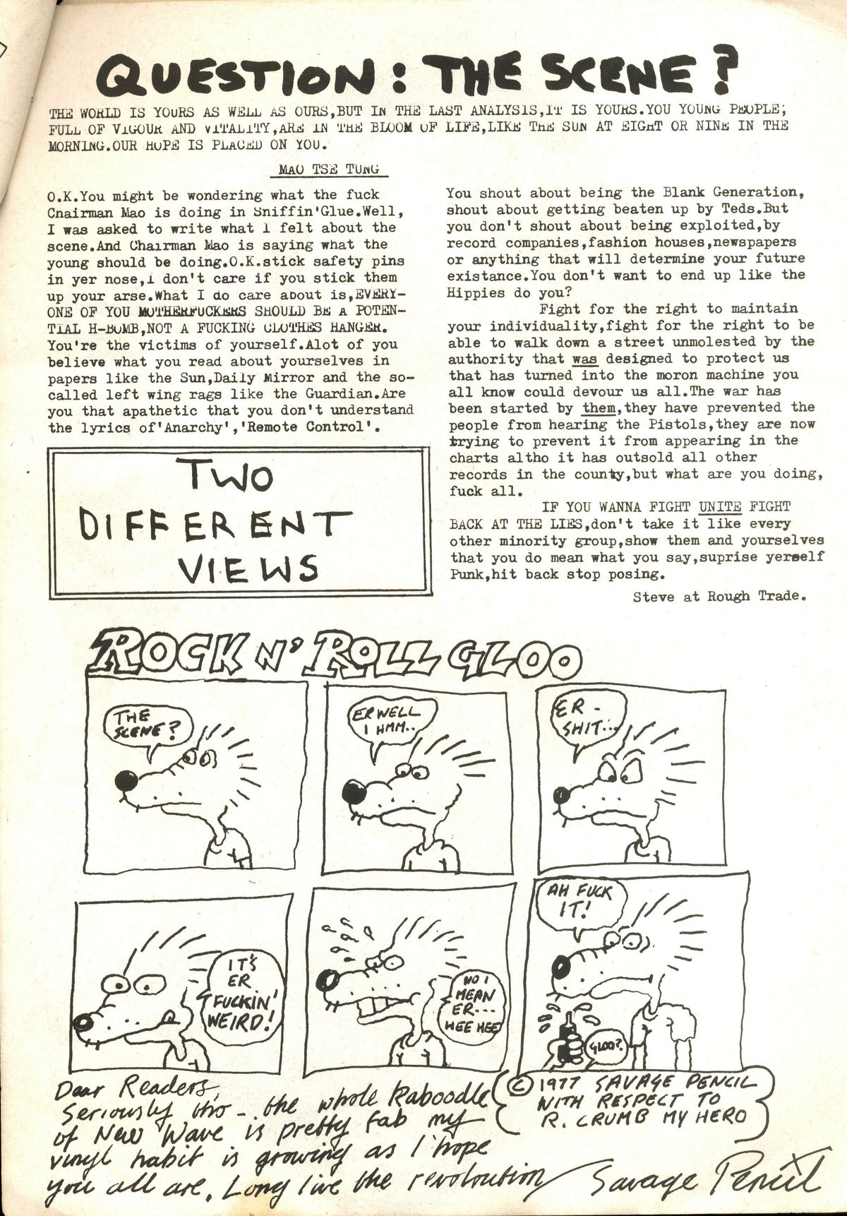 "Question: The Scene? Two Different Views" page with the Rock n' Roll Gloo cartoon strip, Sniffin' Glue No. 11.