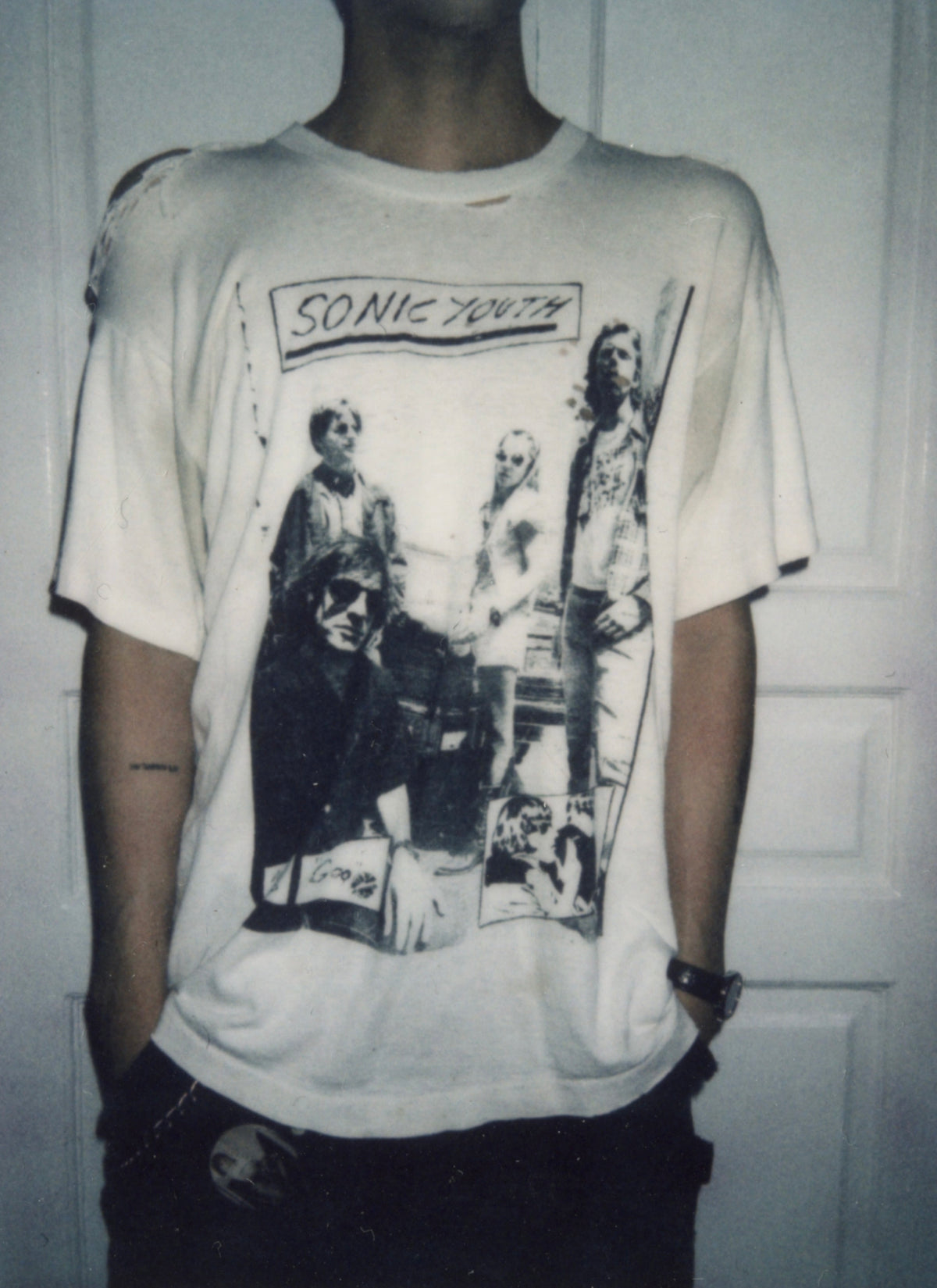 Vintage Sonic Youth band photo T-shirt worn, front view.