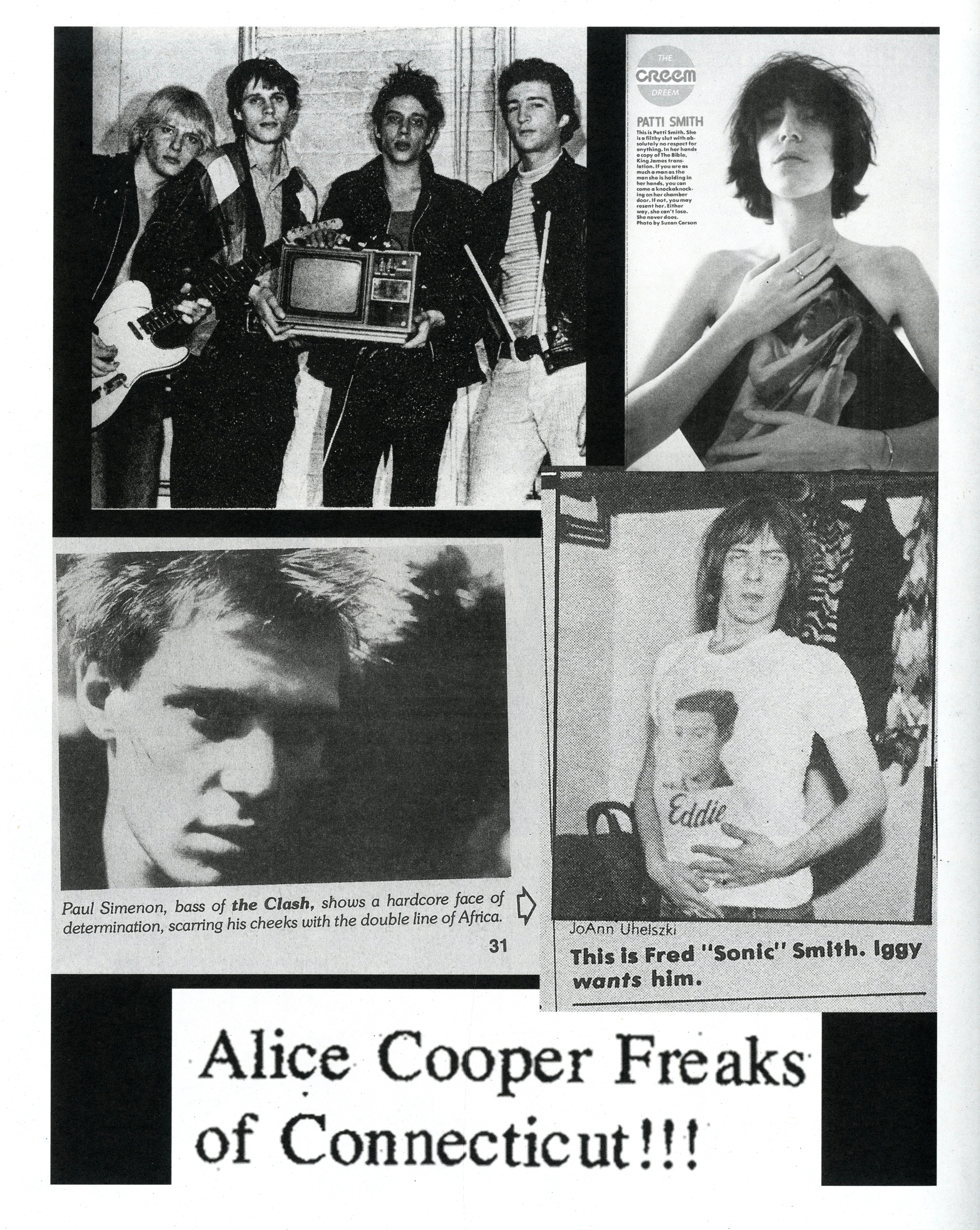 Interior page 2 from Street Mouth: The Thurston Moore Purple Diary, featuring a black-and-white collage of punk musicians, Patti Smith, and vintage newspaper clippings. intermission books.