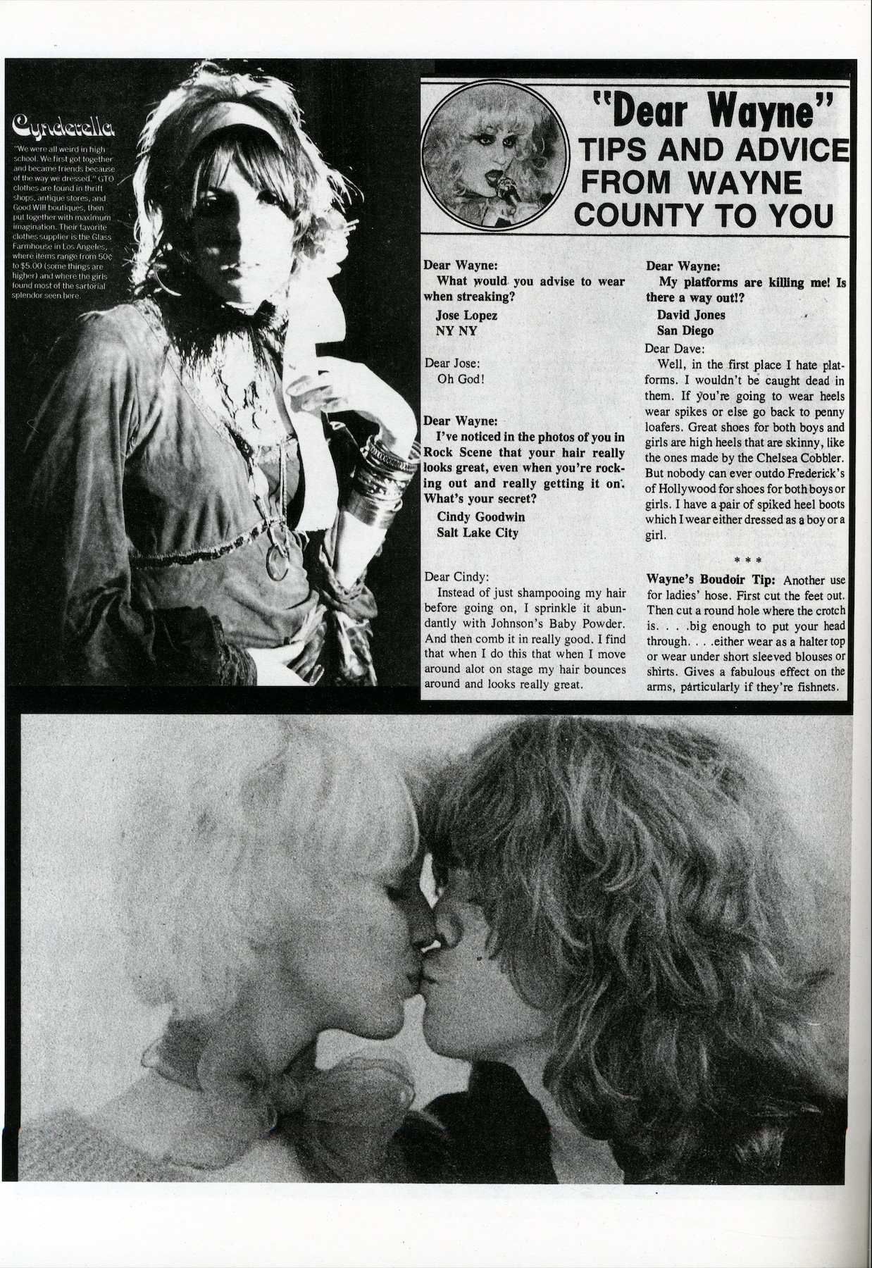 Black-and-white interior spread from Street Mouth: The Thurston Moore Purple Diary featuring a portrait of Cyndarella, a "Dear Wayne" advice column by Wayne County, and a photograph of two people kissing. intermission books.