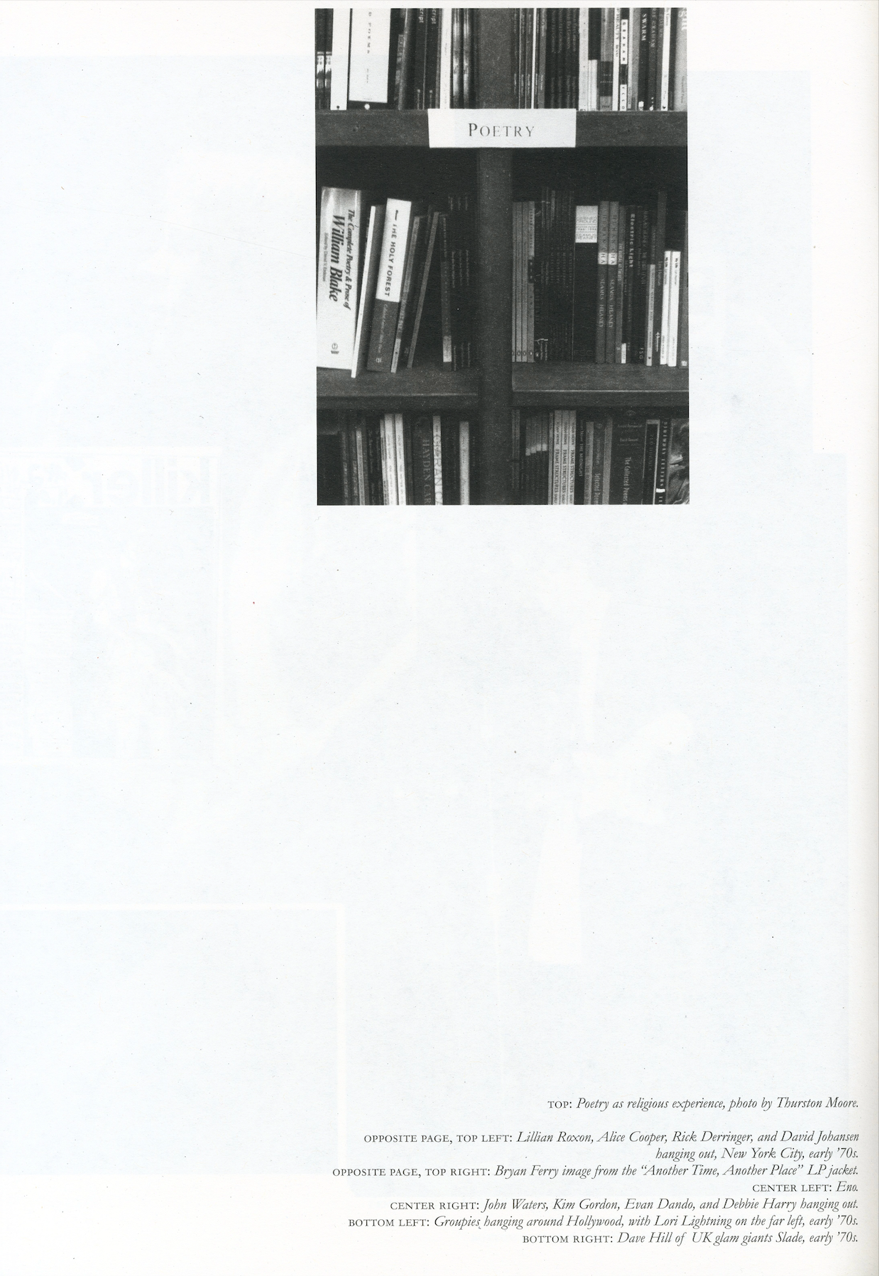 Interior page from Street Mouth: The Thurston Moore Purple Diary featuring a black-and-white photograph of a bookstore poetry shelf with an image caption listing photographers and subjects from the publication. intermission books.
