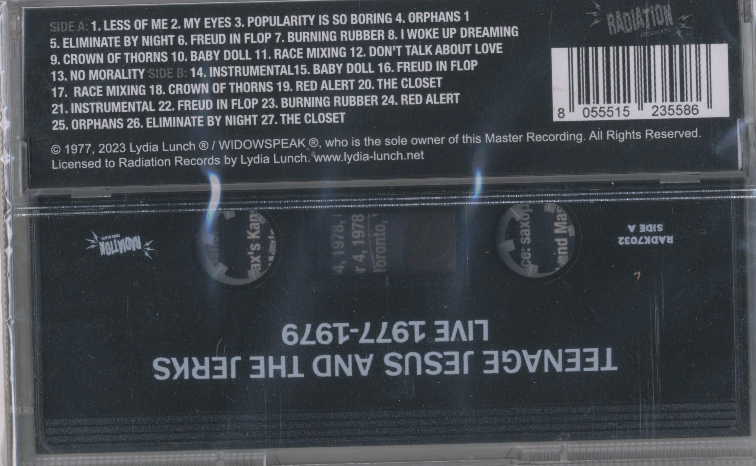 Back cover of Live 1977–1979 cassette with tracklist and performance credits from Max’s Kansas City, CBGB, and Horseshoe Tavern.