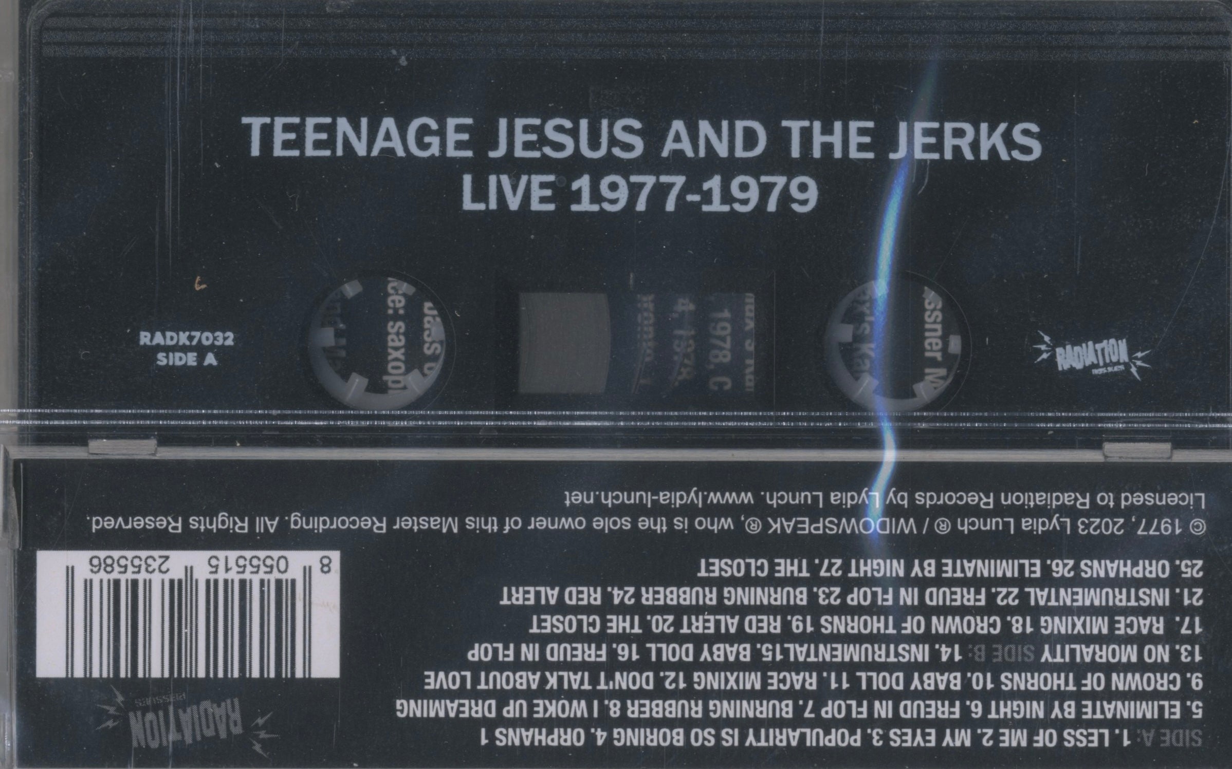 Cassette shell of Teenage Jesus and the Jerks – Live 1977–1979, issued by Radiation Reissues in 2024 — raw no wave documentation.