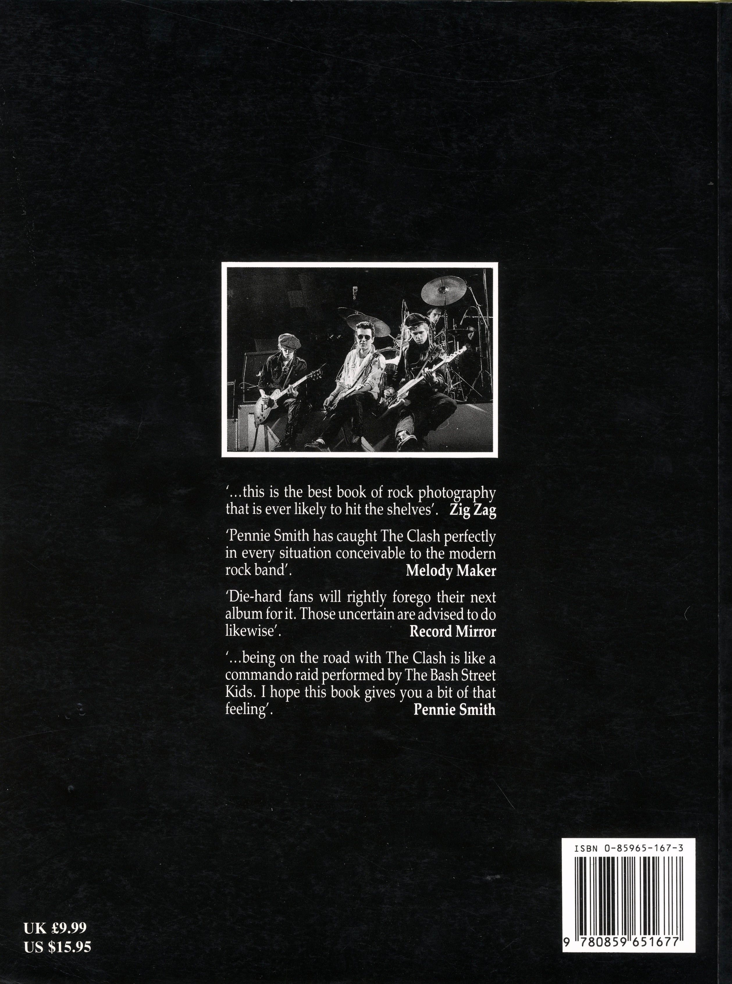 Back cover of Pennie Smith’s The Clash: Before and After paperback photobook.