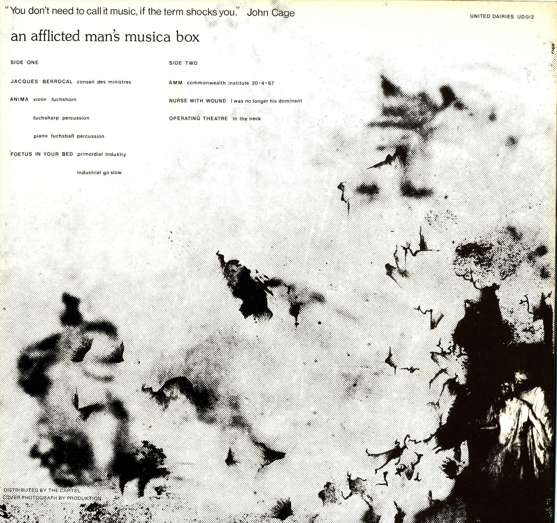 Back cover with Steven Stapleton artwork on the United Dairies 1985 LP repress.