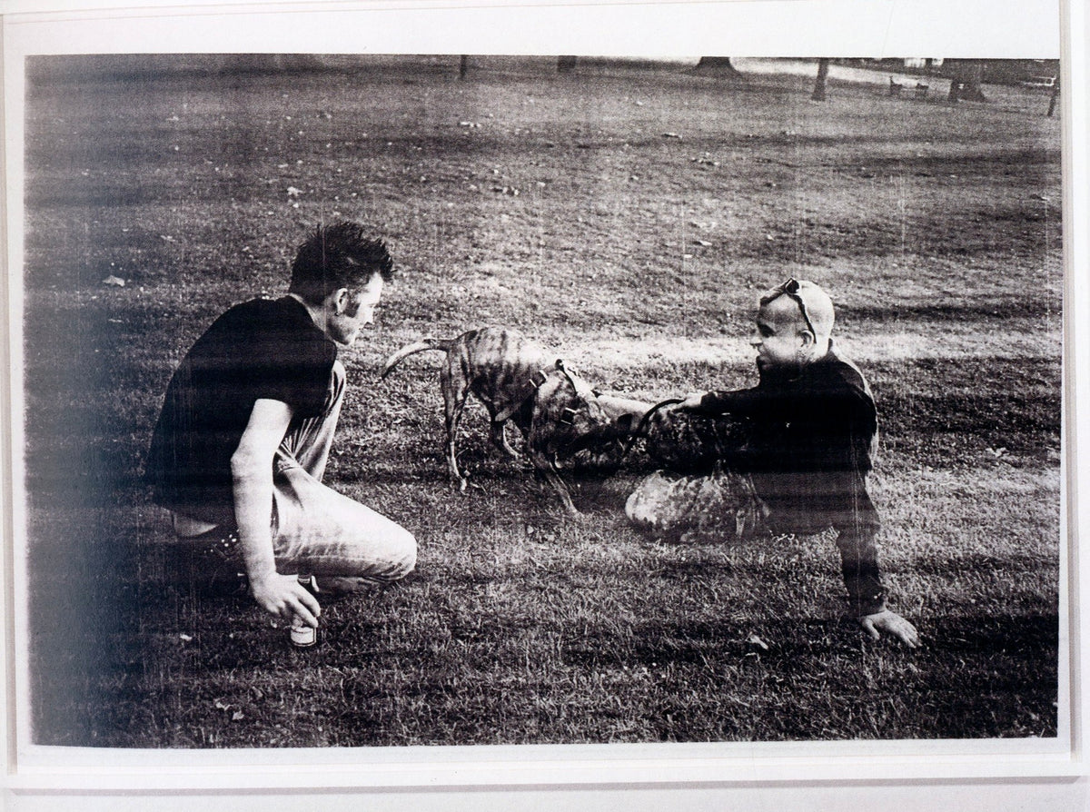Degraded photocopy image of two people seated in an open field, Wolfgang Tillmans: Lighter.